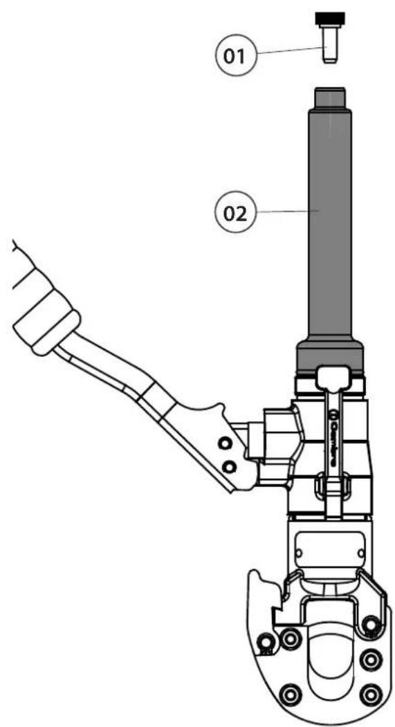 Technical diagram of a mechanical device with labeled parts 01 and 02, showing assembly or assembly steps.