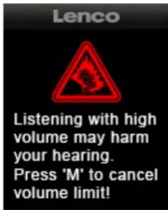 Lenco Listening with high volume may harm your hearing. Press 'M' to cancel volume limit!