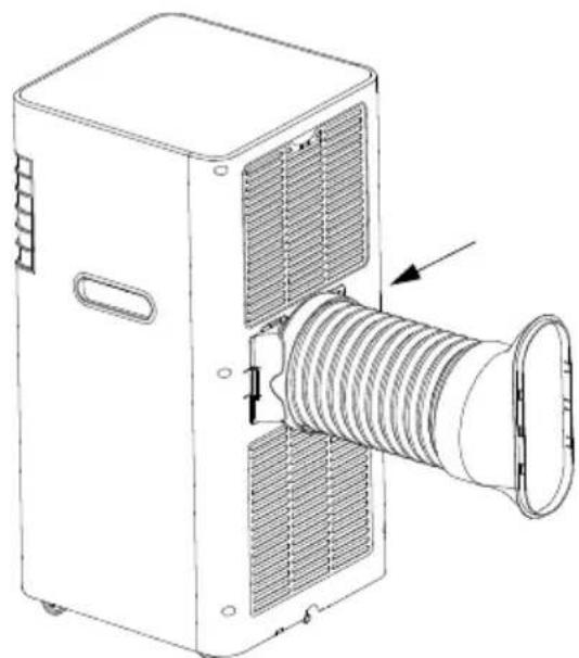 Technical line drawing of a mechanical device with a coiled hose and ventilation slots (no text or symbols)