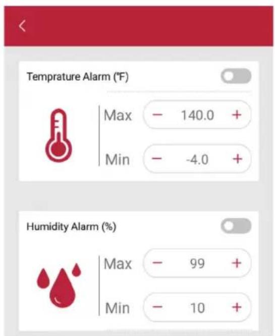 Temprature Alarm (°F) Max - 140.0 + Min - -4.0 + Humidity Alarm (%) Max - 99 + Min - 10 +
