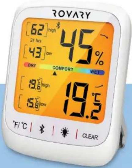 Indicatore dell'icona Bluetooth Batteria scarica Cronologia umidità (alta) 57 ° 24 hrs 56 ° 36 56% Tendenza all'umidità Cronologia umidità (bassa) Umidità Cronologia della temperatura (alta) Livello di Comfort Cronologia della temperatura (bassa) Tendenza alla Temperature °F/°C 22 ° 21.4 ° 8 mm Clear Bluetooth attivato/disattivato Clear Temp & Umidità Alto Basso Backlight Tasto touch