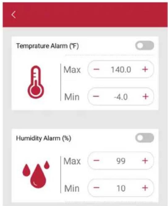 Temprature Alarm (°F) Max - 140.0 + Min - -4.0 + Humidity Alarm (%) Max - 99 + Min - 10 +