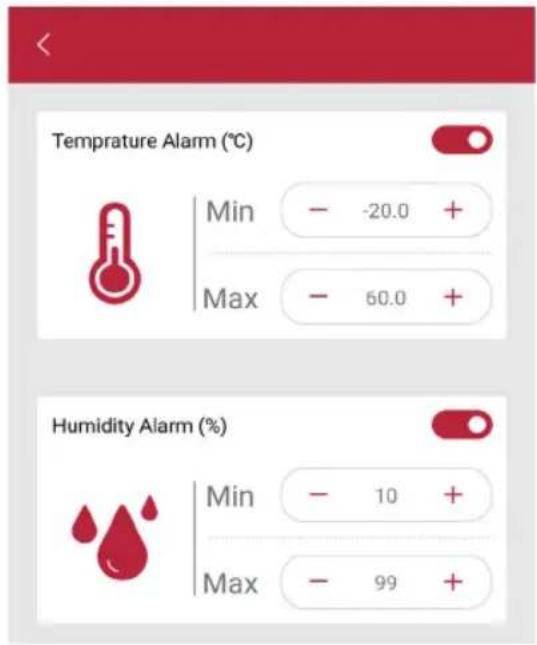 Temprature Alarm (°C) Min - -20.0 + Max - 60.0 + Humidity Alarm (%) Min - 10 + Max - 99 +