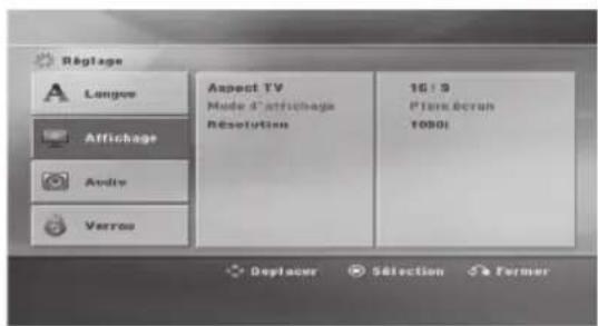 Réglage Langoe Affichage Audio Verroa Aspect TV Mode d'affichage Résolution 16 : 9 Plans 60cm 1050: Deplacer Sélection Former