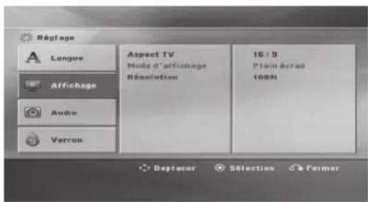 Régfage Langue Aspect TV Node d'affichage Répartition 16 : 9 Plain derall 100% Affichage Audie Verrou Deplacer Sélection Farmer