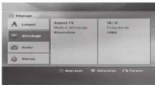 Régage Langue Affichage Audio Verrou Aspect TV Mode d'affichage Révolution 16 : 9 Plesen Seran 10001 Deplacer Sélection & Former