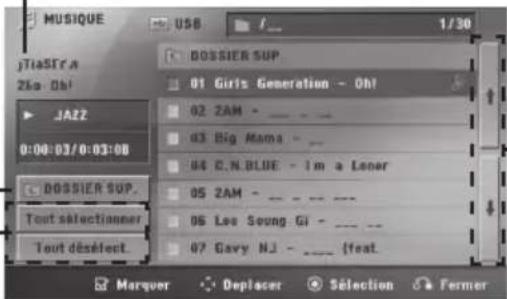 MUSIQUE USB 1/30 JiaSIF A 26s Ob! JAZZ 0:00:03/03:08 DOSSIER SUP. Tout sélectionner Tout désélect BOSSIER SUP 01 Girls Generation - Oh! 02 2AM - _ 03 Big Mama - _ 04 C.N.BLUE - I m a Lener 05 2AM - _ 06 Lee Seung Gi - _ 07 Gavy NJ - _ (feat. Marquer Deplacer Sélection Fermer