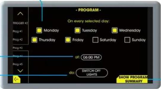 Exalux Control Touch - Allows to program automated behaviours, based on specific time & date, or from the trigger inputs of the CONTROL HUB. - 3