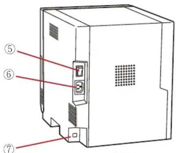 Diagram of a computer tower case with numbered labels pointing to internal components