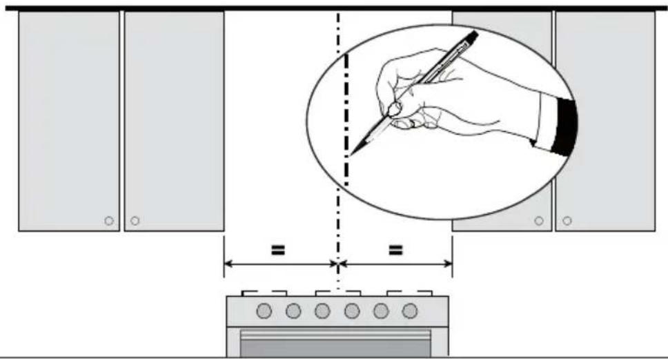 Diagram illustrating a hand writing on paper inside a circular frame, with dimension lines and a kitchen appliance below.