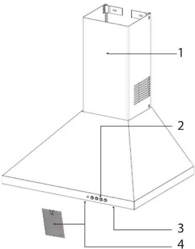 Technical diagram of a kitchen chimney with numbered components for identification