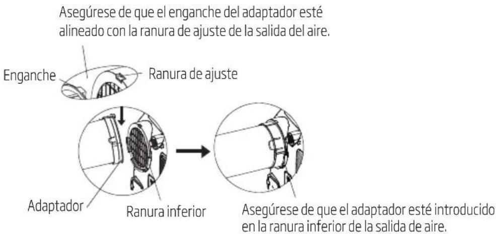 Asegúrese de que el enganche del adaptador esté alineado con la ranura de ajuste de la salida del aire. Enganche Ranura de ajuste Adaptador Ranura inferior Asegúrese de que el adaptador esté introducido en la ranura inferior de la salida de aire.