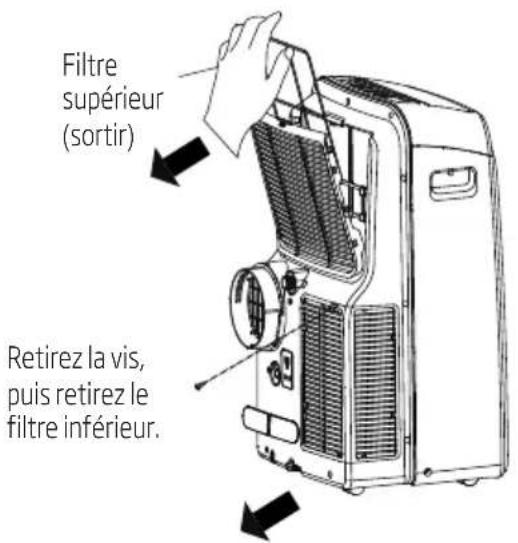Filtre supérieur (sortir) Retirez la vis, puis retirez le filtre inférieur.