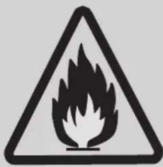 Warning sign depicting a flame symbol, commonly used in safety or hazard prevention.