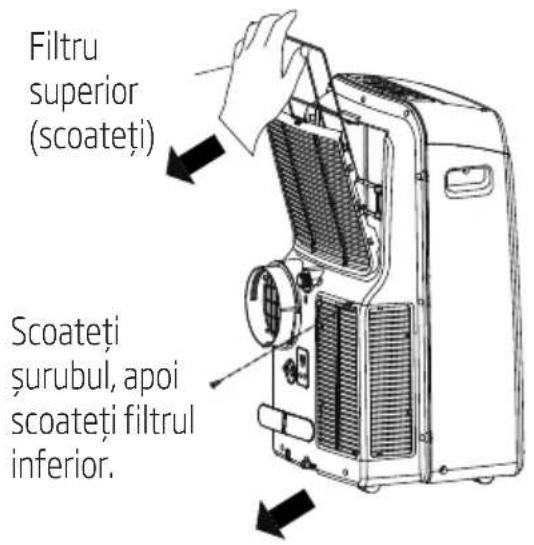 Filtru superior (scoateți) Scoateți şurubul, apoi scoateți filtrul inferior.