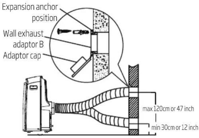 Expansion anchor position Wall exhaust adaptor B Adaptor cap max 120cm or 47 inch min 30cm or 12 inch