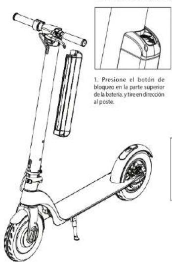 1. Presione el botón de bloqueo en la parte superior de la batería y tire en dirección al poste.