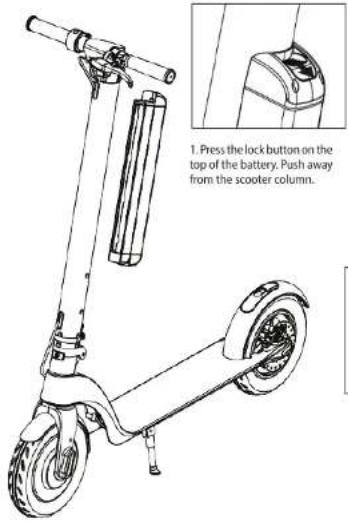 1. Press the lock button on the top of the battery. Push away from the scooter column.