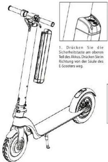 1. Drücken Sie die Sicherheitstaste am oberen Teil des Akkus. Drücken Sie in Richtung von der Säule des E-Scooters weg.