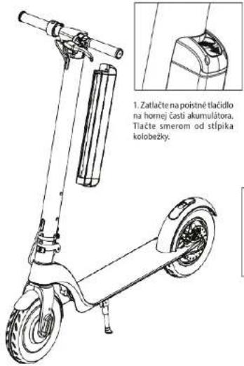 1. Zatlačte na poistné tlačidlo na homej časti akumulátora. Tlačte smerom od stípika kolobežky.