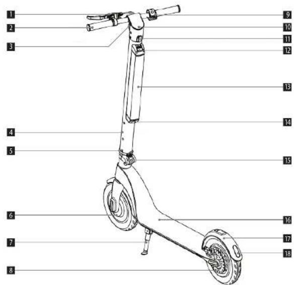 Diagram of an electric scooter with numbered parts for identification