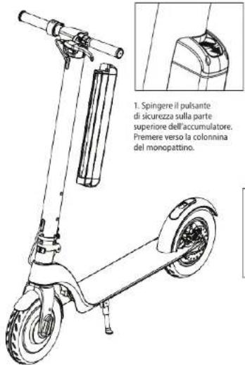 1. Spingere il pulsante di sicurezza sulla parte superiore dell'accumulatore. Premere verso la colonnina del monopattino.