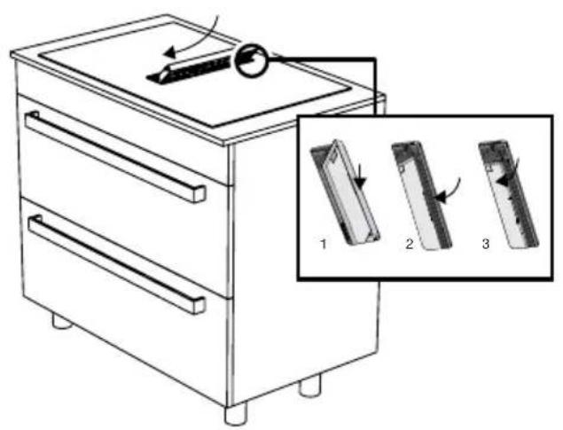 Diagram of a multi-compartment drawer with labeled parts and an inset showing three views of the drawer's internal structure.