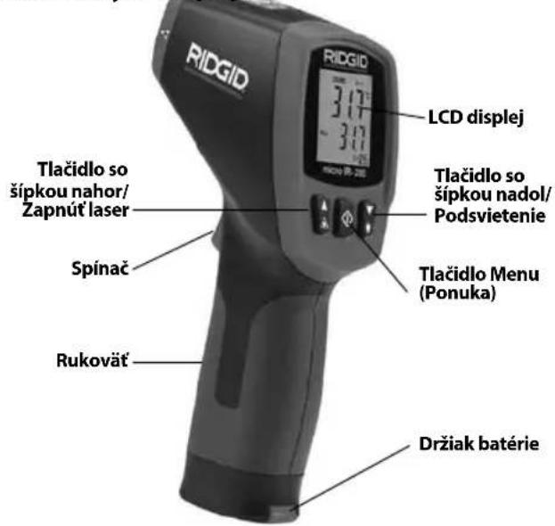 RIDGID LCD displej 317 30 Tlačidlo so šípkou nahor/ Zapnúť laser Spínač Rukováť Tlačidlo no šípkou nadol/ Podsvietenie Tlačidlo Menu (Ponuka) Držiak batérie
