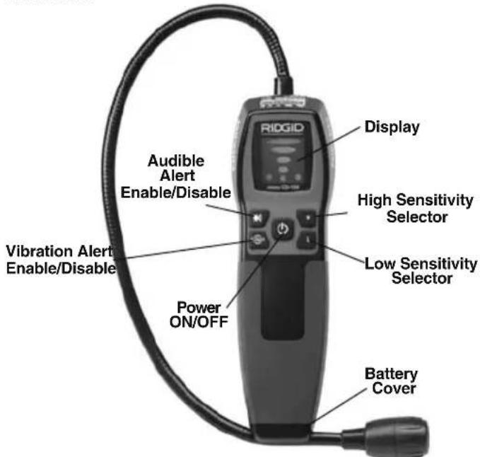 RIOGID Display Audible Alert Enable/Disable High Sensitivity Selector Vibration Alert Enable/Disable Low Sensitivity Selector Power ON/OFF Battery Cover