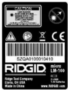 CAUTION SALADYI • SALES OF CREAM MILKING • SALES OF CHEESE & CHEESE • SALES OF CHEESE & CHEESE • SALES OF CHEESE & CHEESE SZQA0100010410 RIDGID. micro LM-100 Ridge Tool Company Equiva, Oil USA Made in China © 2013 2 x 8MB 5.0" Bunchbox www.RIDGID.com