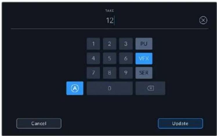 TAKE 12 1 2 3 PU 4 5 6 VFX 7 8 9 SER A D Cancel Update