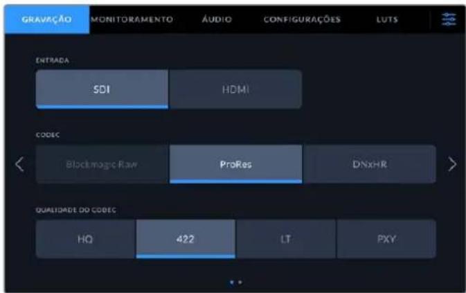 GRAVRAÇÃO MONITORAMENTO ÁUDIO CONFIGURAÇÕES LUTS ENTRADA SDI HDMI CODEC Blackmagic Raw ProRes DNxHR QUALIDADE DO CODEC HQ 422 LT PXY