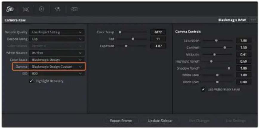 Camera Raw Blackmagic RAW Decode Quality Live Project Setting Decode Using Clip Color Scanning Version 4 White Balance As Shot Color Space Blackmagic Design Gamma Blackmagic Design Custom ISO 800 Highlight Recovery Color Temp 6872 Font 11 Exposure -1.87 Gamma Controls Saturation 1.98 Contrast 1.50 Mispolin 0.41 Highlight Rolloff 0.60 Shadow Rolloff 1.80 White Level 1.00 Black Level 0.00 Use Video Block Level Export Frame Update Sidecar Use Change Live Settings