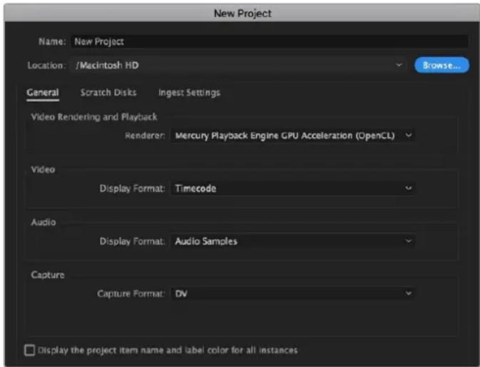New Project Name: New Project Location: /Macintosh HD Browse... General Scratch Disks Ingest Settings Video Rendering and Playback Renderer: Mercury Playback Engine GPU Acceleration (OpenCL) Video Display Format: Timecode Audio Display Format: Audio Samples Capture Capture Format: DV Display the project item name and label color for all instances