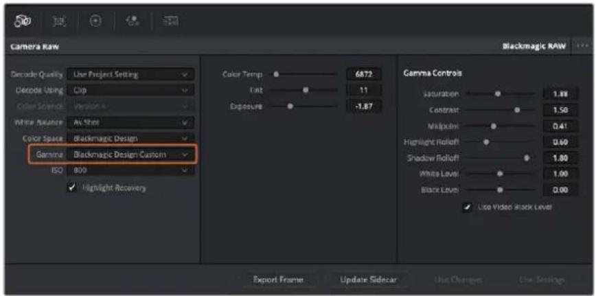 Camera Raw Blackmagic RAW Decoder Quality Use Project Setting Decode Using Clip Color Science Version 4 White Balance As Shot Color Space Blackmagic Design Gamma Blackmagic Design Custom ISO 800 Highlight Recovery Color Temp 6872 Flat 11 Exposure -1.87 Gamma Controls saturation 1.88 Contrast 1.50 Mulpout 0.41 Highlight Rolloff 0.60 Shadow Rolloff 1.80 White Level 1.00 Black Level 0.00 Use Video Block Level Export Frame Update Sidecar Use Change Use Settings