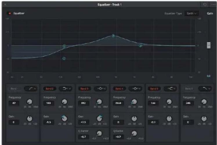 Equalizer-Track 1 Equilizer Fouvierer Type Gain Gain Band 1 Band 2 Band 3 Band 4 Band 5 Frequency 47 Frequency 143 Frequency 892 Frequency 2644 Frequency 144 Frequency 246 Gain +7.5 Gain 0 Gain -0.7 Q Factor +9.7 Q Factor -0.3 -0.3 -0.3 -0.3 -0.3 -0.3 -0.3 -0.3 -0.3 -0.3 -0.3 -0.3 -0.3
