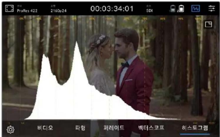 ProRes 422 2160p24 00:03:34:01 SDI 비디오 파형 퍼레이드 벡터스코프 히스토그램
