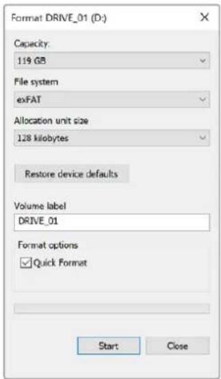 Format DRIVE_01 (D:) Capacity: 119 GB File system exFAT Allocation unit size 128 kilobytes Restore device defaults Volume label DRIVE_01 Format options ✓ Quick Format Start Close