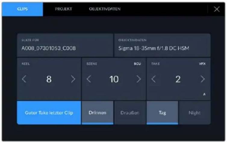CLIPS PROJEKT OBJEKTVDATEN SLATE FOR A008_07301053_C008 OBJEKTVDATEN Sigma 18-35mm f/1.8 DC HSM REEL < 8 > SZENE BCU TAKE VFX < 10 > < 2 > Guter Take letzter Clip Drinnen Draußen Tag Night