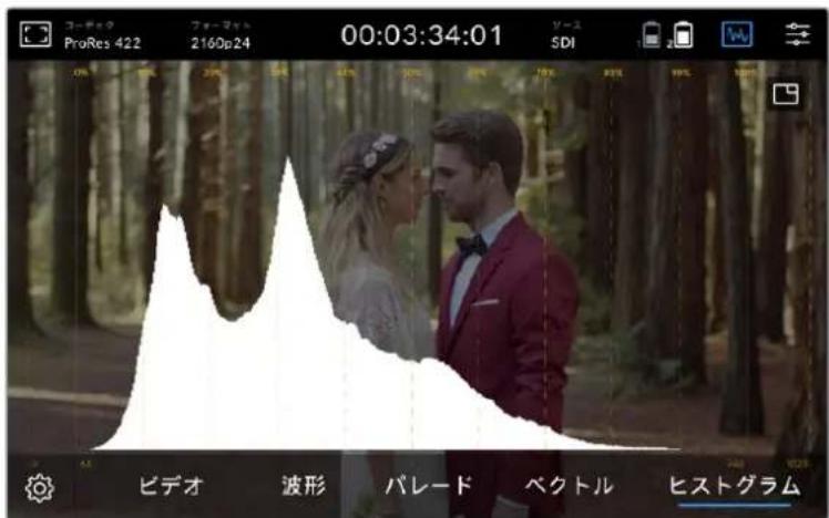 コーディスタ ProRes 422 フォーマット 2160p24 00:03:34:01 ソース 5DI ビデオ 波形 パレード ベクトル ヒストグラム