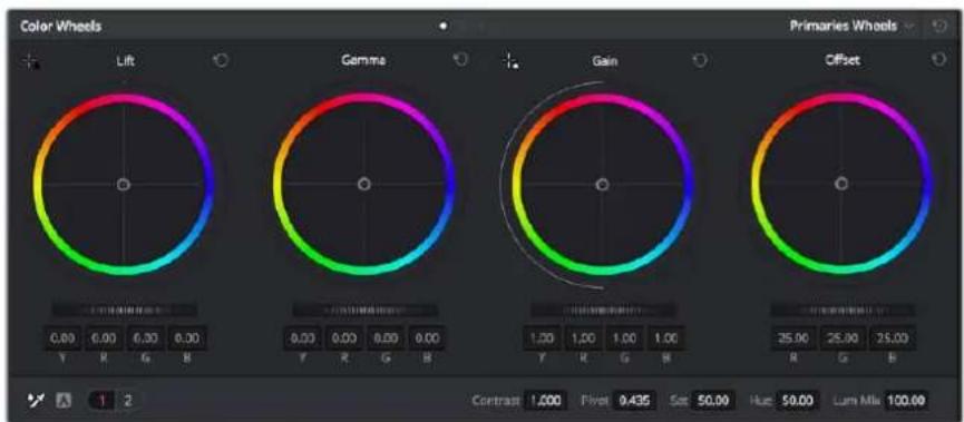 Color Wheels Lift Primaries Wheels Gemine Gain Offset 0.00 0.00 0.00 0.00 0.00 0.00 1.00 1.00 1.00 1.00 25.00 25.00 25.00 Y R G B Y R G B R G B Contrast 1.000 Flivet 0.435 Sat 50.00 Huc 50.00 Lum Mix 100.00
