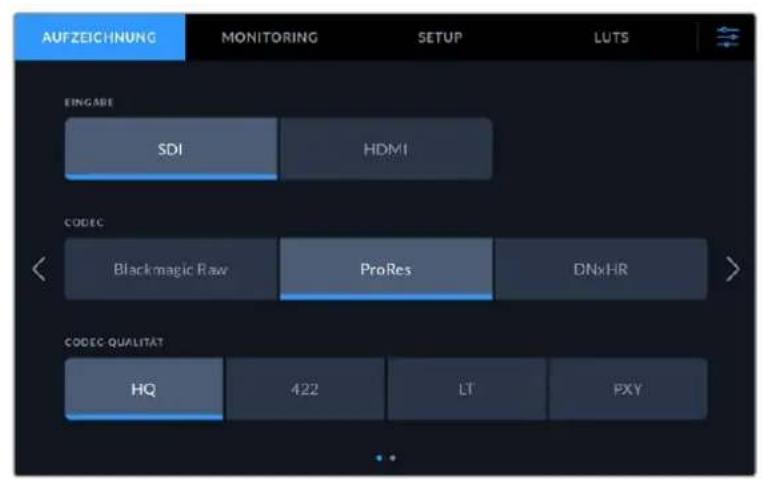 AUFZEICHNUNG MONITORING SETUP LUTS EINGABE SDI HDMI CODEC Blackmagic Raw ProRes DNxHR CODEC QUALITAT HQ 422 LT PXY