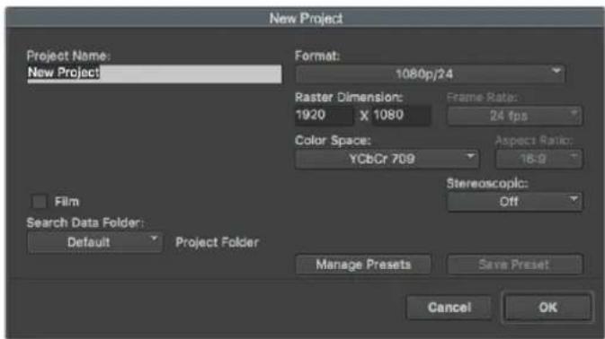 New Project Project Name: New Project Format: 1080p/24 Raster Dimension: 1920 X 1080 Frame Rate: 24 fps Color Space: YCbCr 709 Aspect Ratio: 16:9 Film Search Data Folder: Default Project Folder Stereoscopic: Off Manage Presets Save Preset Cancel OK