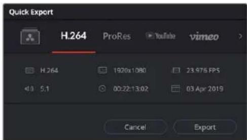 Quick Export H.264 ProRes YouTube vimeo H.264 1920x1:080 23.975 FPS 5,1 00:22-13:02 03 Apr 2019 Cancel Export