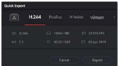 Quick Export H.264 ProRes YouTube vimeo H.264 1920x1.080 23.976 FPS 5.1 00:22:13:02 03 Apr 2019 Cancel Export