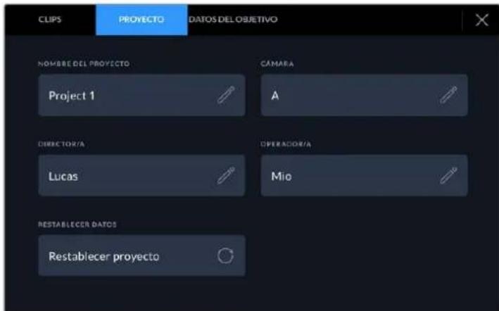 CLIPS PROYECTO DATOS DEL OBJETIVO NOMBRE DEL PROYECTO CAMARA Project 1 A DIRECTOR/A OPERADOR/A Lucas Mio RESTABLECER DATOS Restablecer proyecto
