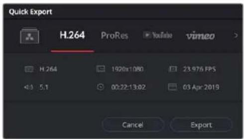 Quick Export H.264 ProRes YouTube vimeo H.264 1920x1.080 23.976 FPS 40 5.1 00:22-13:02 03 Apr 2019 Cancel Export