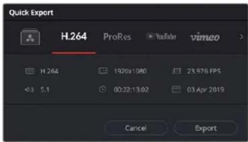 Quick Export H.264 ProRes YouTube vimeo H.264 1920x1080 23.976 FPS 5.1 00:22-13.02 03 Apr 2019 Cancel Export