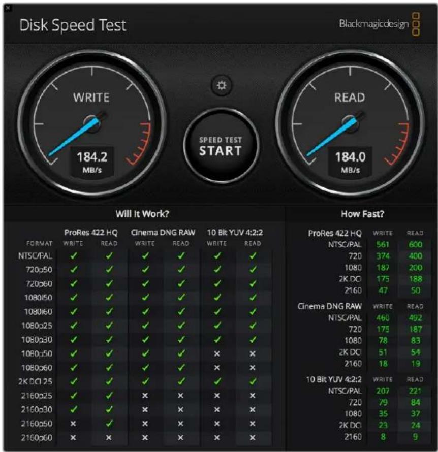Disk Speed Test Blackmagicdesign WRITE 184.2 MB/s SPEED TEST START READ 184.0 MB/s Will It Work? ProRes 422 HQ Cinema DNG RAW 10 Bit YUV 4:2:2 FORMAT WRITE READ WRITE READ ProRes 422 HQ Write READ NTSC/PAL 720 374 600 720p50 1080 187 400 720p60 1080p50 2K DCI 175 200 720p60 1080p50 2160 47 1080p50 188 1080p60 50 1080p60 47 1080p50 2160 47 1080p50 2160p60 47 1080p50 2160p60 47 1080p50 2160p60 47 1080p50 2160p60 47 1080p50 2160p60 47 1080p50 2160p60 460 492 720 175 187 1080 78 83 2K DCI 51 54 2160 18 19 Cinema DNG RAW WRITE READ NTSC/PAL 720 460 492 720p50 1080 175 187 720p60 1080p50 2K DCI 25 2160p50 2160p60 460 492 720p50 1080 p50 78 83 2160p50 51 54 2160p60 18 19 10 Bit YUV 4:2:2 WRITE READ NTSC/PAL 720 p50 207 221 720 p60 79 84 720 p50 35 37 2160 p50 x x x x x x x x x x x x x x x x x x x x x x x x x x x x x x x x x x x x x x x x x x x x x x x x x x x x x x x x x x x x x x x x x x x x x x x x x x x x x x x x x x x x x x x x x x x x x x x x x x x x y u v 4:2:2