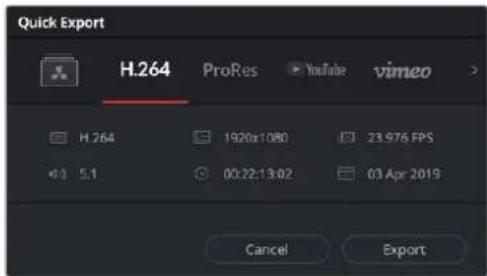 Quick Export H.264 ProRes YouTube vimeo H.264 1920x1080 23.976 FPS 5.1 00:22:13:02 03 Apr 2019 Cancel Export